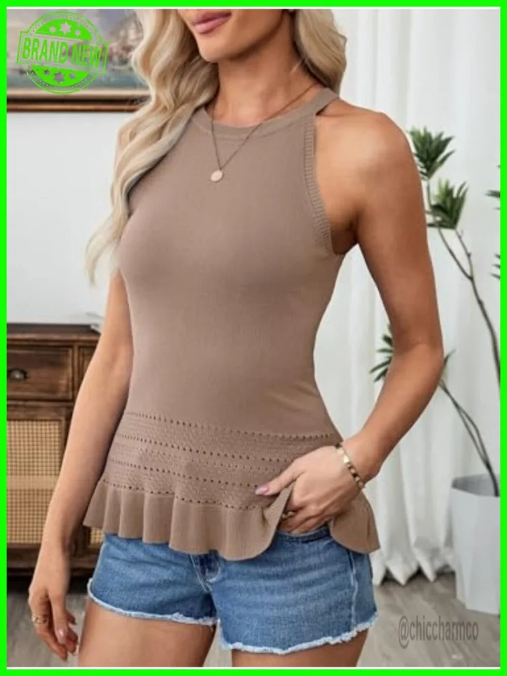 Crochet Crop Tank Top Sleeveless Halter Neck Ruffle Hem Knit Sweater Vest